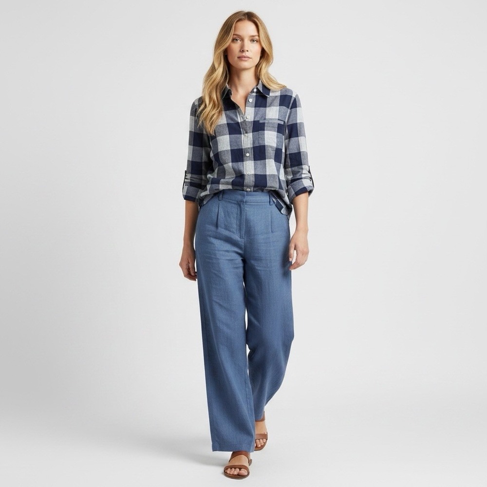 Lafayette 148 Linen Blend Button Up Plaid Preppy Business Top S Blue Roll Tab‎